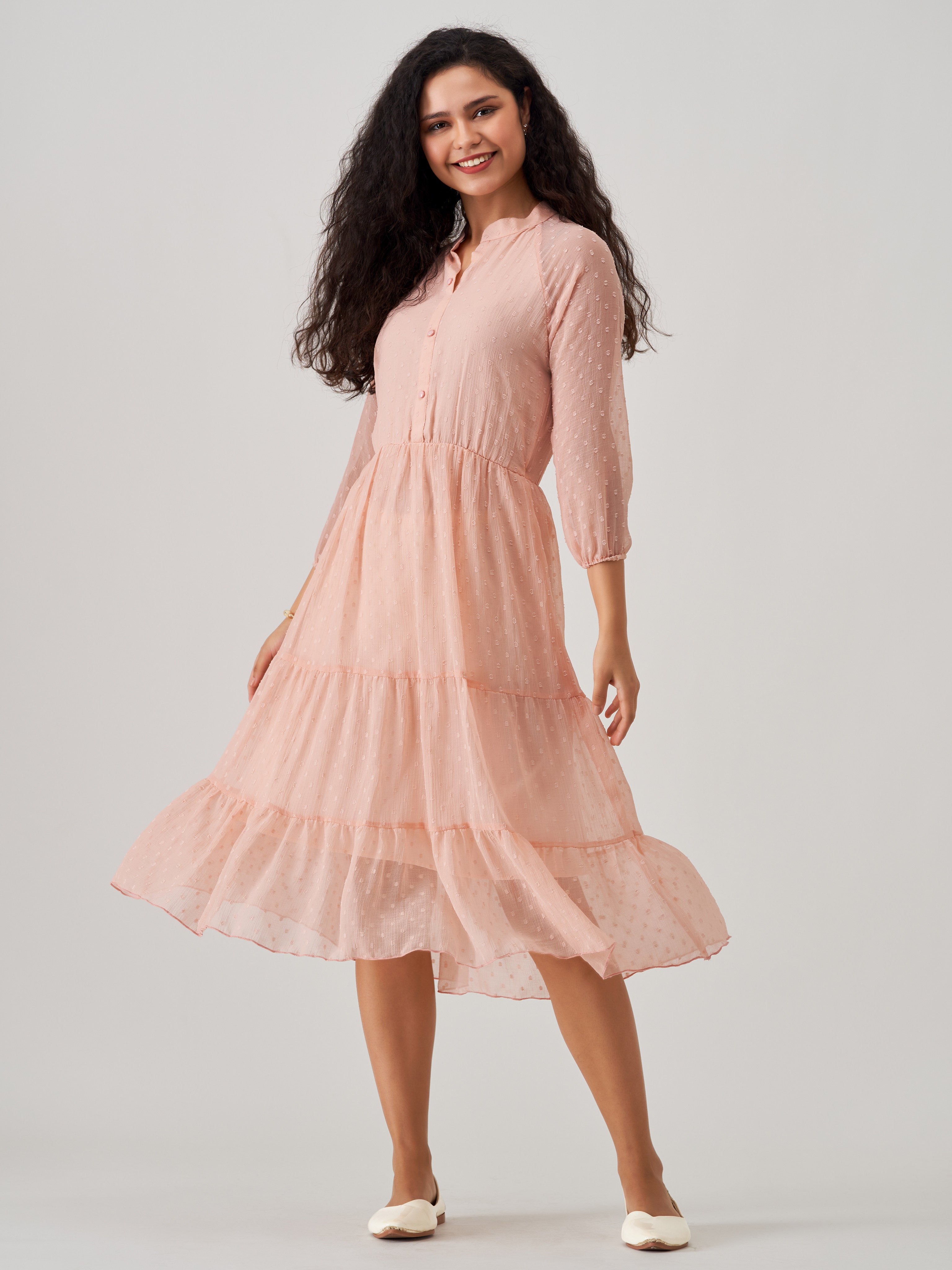 V-Neck Half Sleeve Short Pleated Chiffon Dress Peach