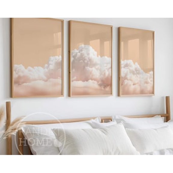Peach Clouds Wall Art Print Set, White Pastel Sky Bedroom Decor