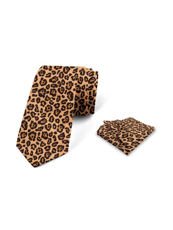 Peach Color Leopard Print Men's Tie Set, Orange Color Leopard Pattern Illustration Exotic Pattern, Necktie Set Groom Handkerchief for Parties Weddings & All Occasions, Orange and Black