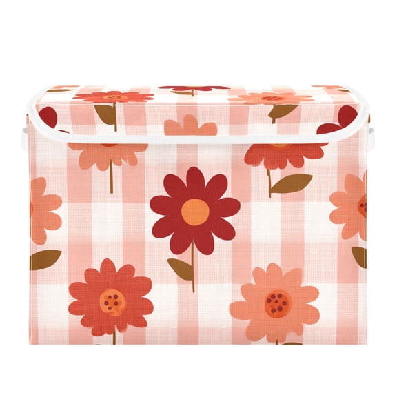 Peach Color Plaids and Flowers Foldable Storage Bins with Lids Handles Collapsible Storage Containers Tote Boxes 16.5 x 12.6 x 11.8 inches