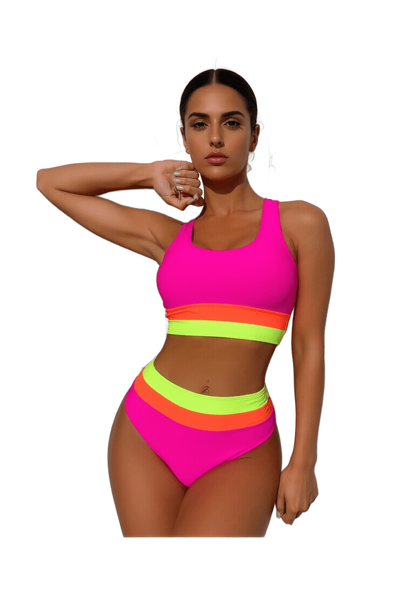 Peach Color Spliced Back Cross Belt High Waist Triangle Bikini