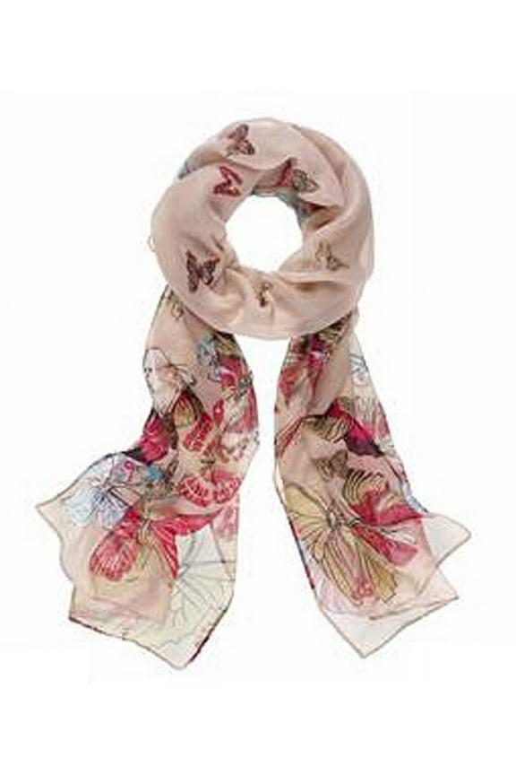 Peach Colored Background Butterfly Design Light Material Scarf- By Ganz