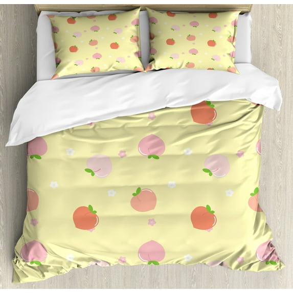 Peach Colors Duvet Cover Set, Repetitive Fruit with Leaves Blossom in Warm Muted Tones Pattern, Decorative 3 Piece Bedding Set with 2 Pillow Shams, Queen Size, Pale Yellow Peach Salmon, by Ambesonne