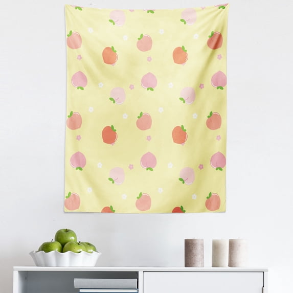 Peach Colors Tapestry, Repetitive Fruit with Leaves Blossom in Warm Muted Tones Pattern, Fabric Wall Hanging Decor for Bedroom Living Room Dorm, 5 Sizes, Pale Yellow Peach Salmon, by Ambesonne