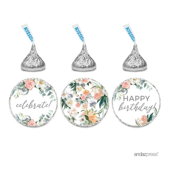 Peach Coral Floral Garden, Happy Birthday!, 216-Pack Chocolate Drop Label Stickers Favors