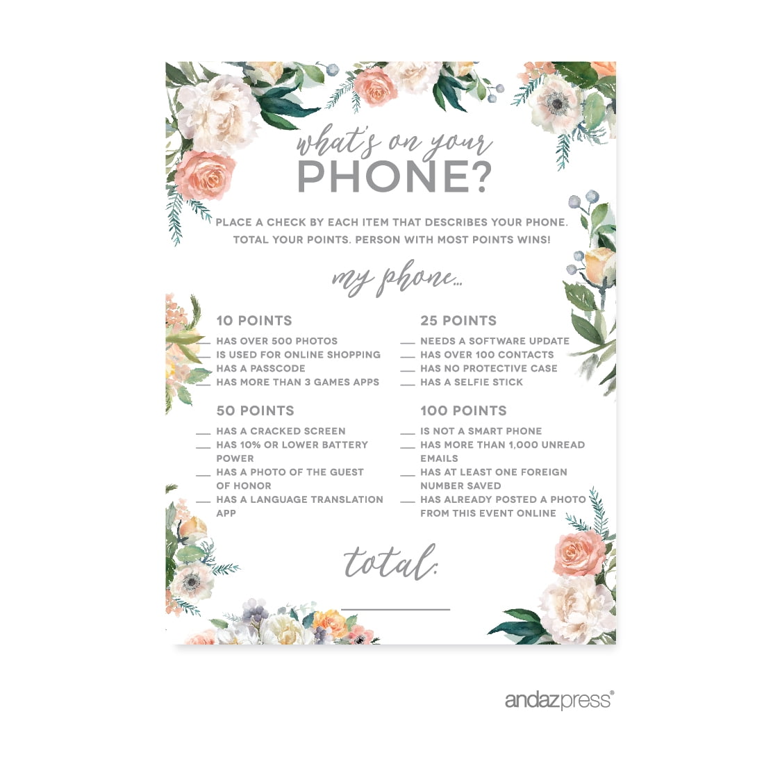 Andaz Press Baby Shower Game Cards – 'What’s On Your Phone?' 20-Pack, Peach Coral Floral Design - View #7