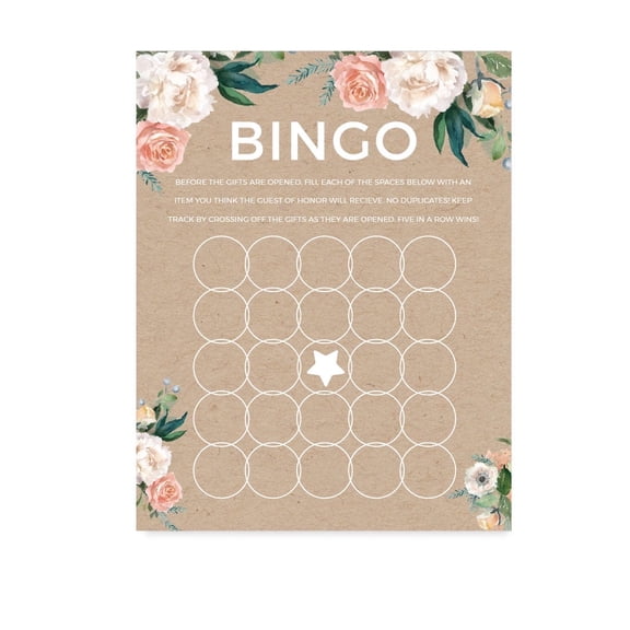 Koyal Wholesale Peach Coral Kraft Paper Bridal Shower Bingo Game Cards, Rustic Floral, 20-Pack