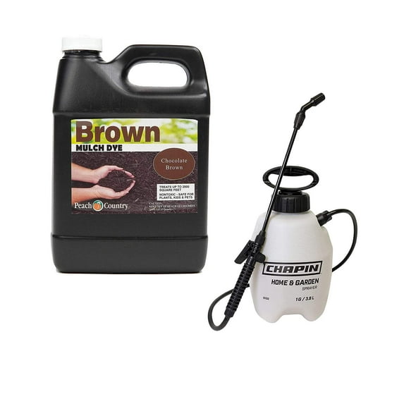 Peach Country Premium Midnight Black, Chocolate Brown or Candy Apple Red Mulch Dye Color Concentrate and 1 Gallon Pump Sprayer