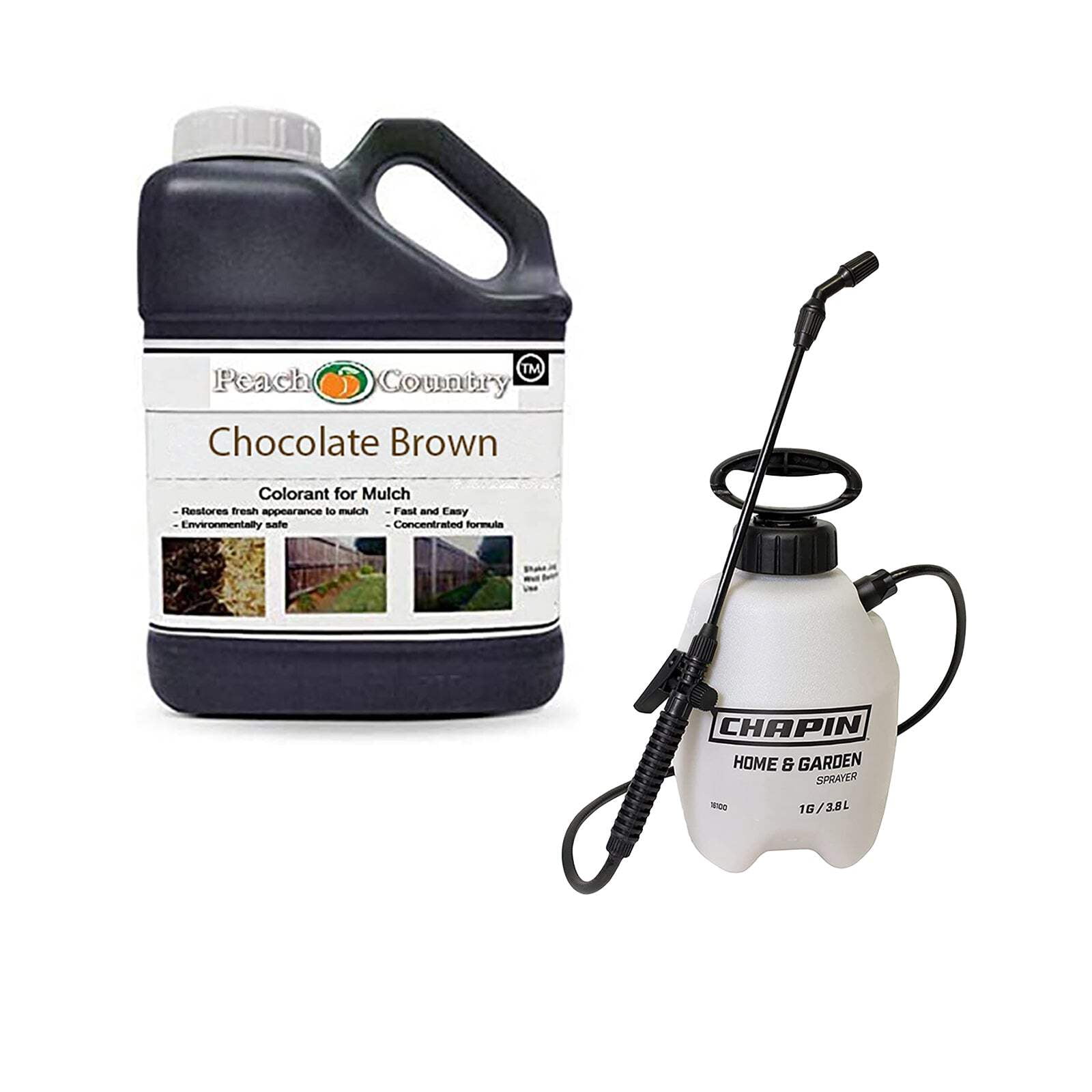 Peach Country Premium Midnight Black, Chocolate Brown or Candy Apple Red Mulch Dye Color Concentrate and 1 Gallon Pump Sprayer