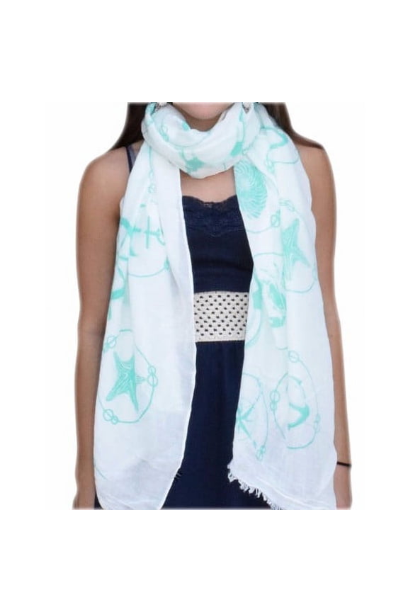 All Season's Nautical Shell Seahorse design Light Fringe Shawl Scarf