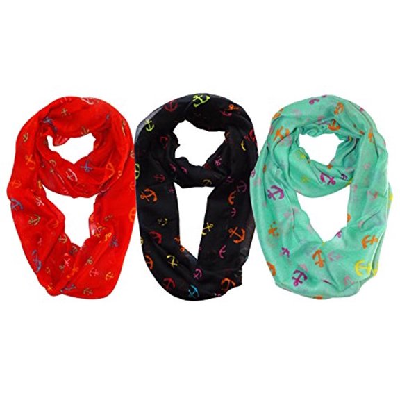 Peach Couture All season Infinity Loop Scarves Rainbow Anchor Print 3 Pack Red Black Aqua