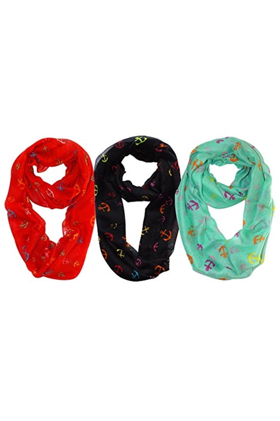 All season Infinity Loop Scarves Rainbow Anchor Print 3 Pack Red Black Aqua
