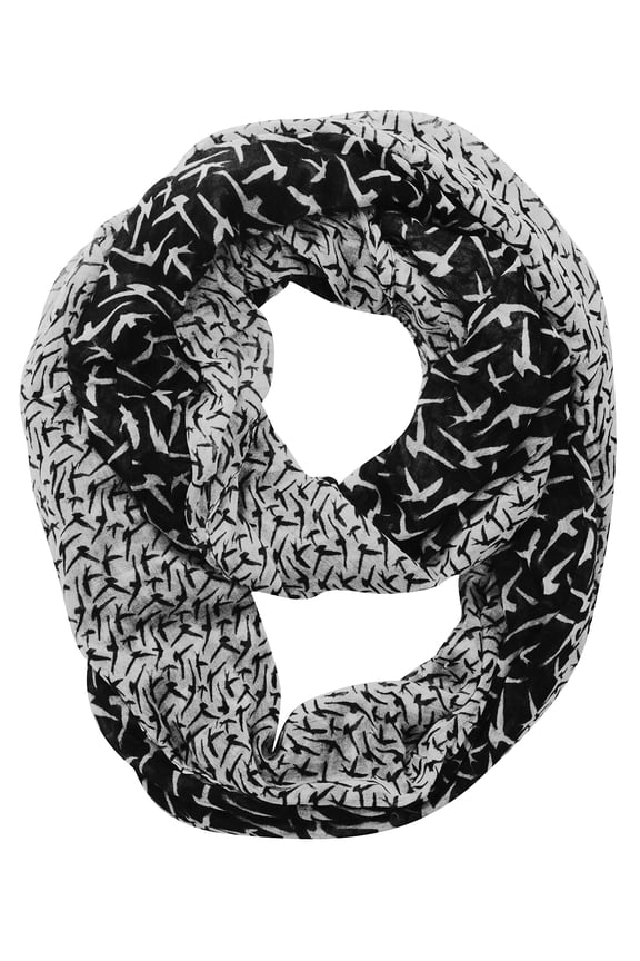 Beautiful Vintage Two Colored Bird Print Infinity Loop Scarf Black White
