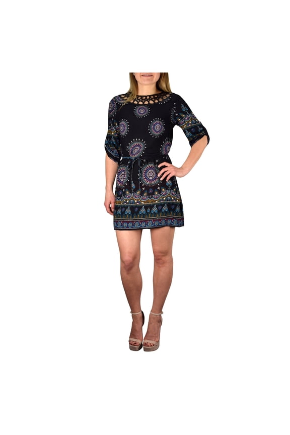 Bohemian Paisley Waist Tie Classic Caftan Tunic Floral Mini Dress