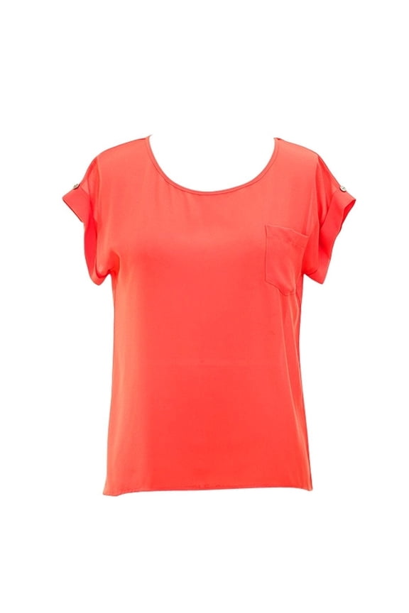Chiffon Scoop Neck Back Button Down Top w/Patch Pocket