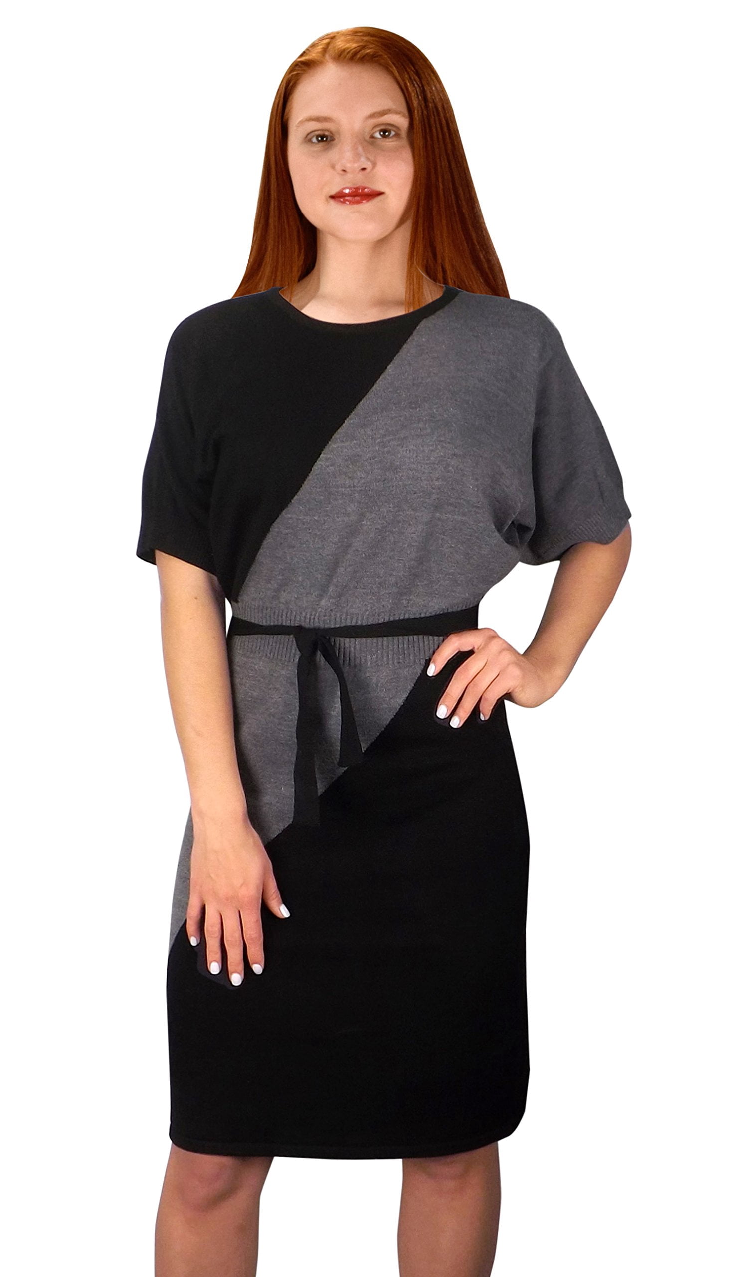 grey and peach dress Couture Color Block Sweater with a Fabric Belt Small French tweed dress collection similar to St. John