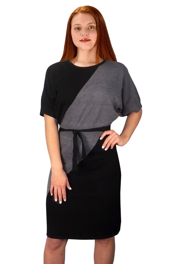 Color Block Sweater Dress with a Fabric Belt Grey Small