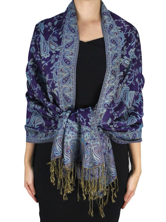 Elegant Double Layer Reversible Paisley Pashmina Shawl Wrap Scarf Eggplant