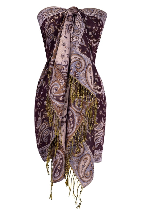 Elegant Double Layer Reversible Paisley Pashmina Shawl Wrap Scarf (Plum Purple)