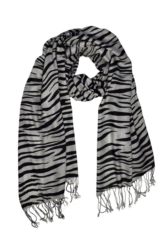 Fashionable Zebra Animal Print Frayed End Pashmina Shawl Wrap (Grey and Black)