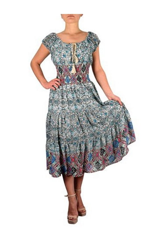 Floral Print Gypsy Cinched Waist Midi Dress