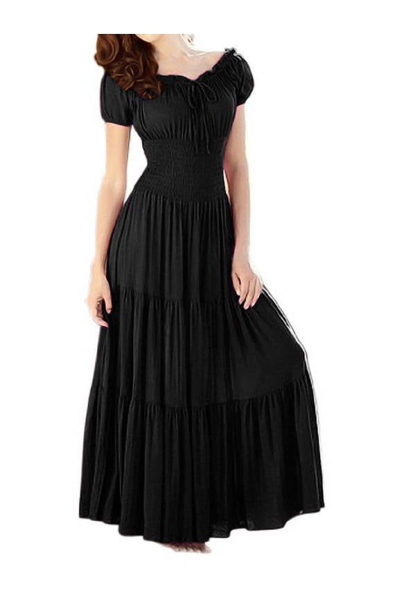 Gypsy Boho Cap Sleeves Smocked Waist Tiered Renaissance Maxi Dress (Black, XL)