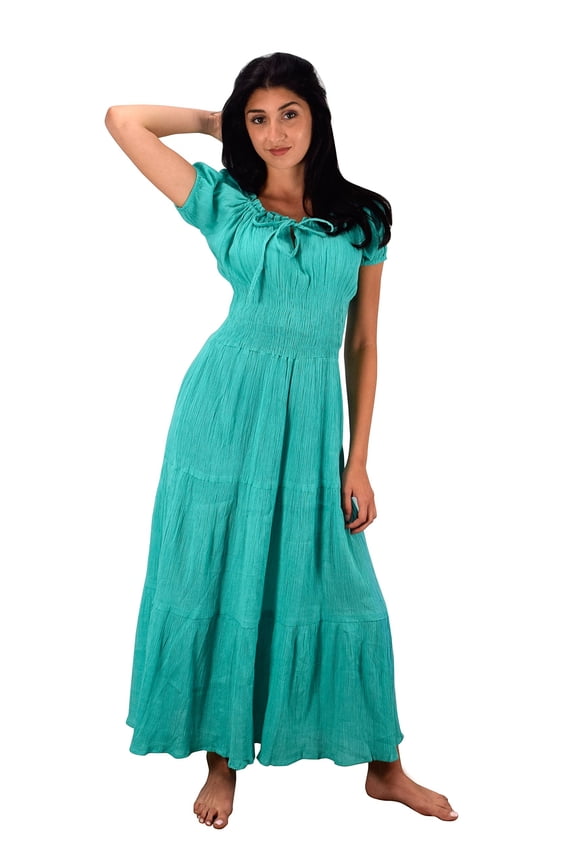 Gypsy Boho Cap Sleeves Smocked Waist Tiered Renaissance Maxi Dress (X-Large, Mint)