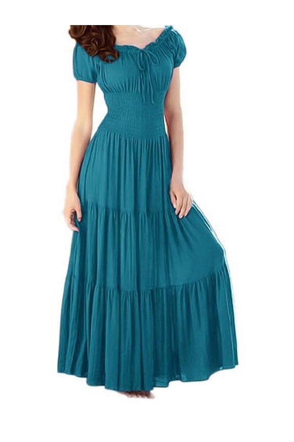 Gypsy Boho Cap Sleeves Smocked Waist Tiered Renaissance Maxi Dress