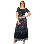 Peach Couture Gypsy Boho Floral Printed Smocked Waist Tiered Renaissance Maxi Dress Navy Blue Medium