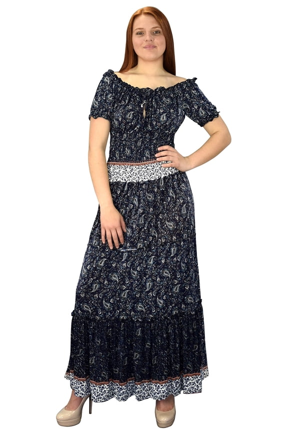 Gypsy Boho Floral Printed Smocked Waist Tiered Renaissance Maxi Dress Navy Blue Medium