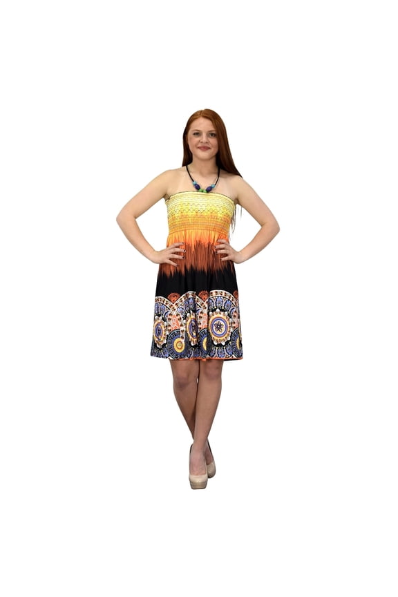 Juniors Boho Print Smocked Bodice Beaded Neck Midi Dress