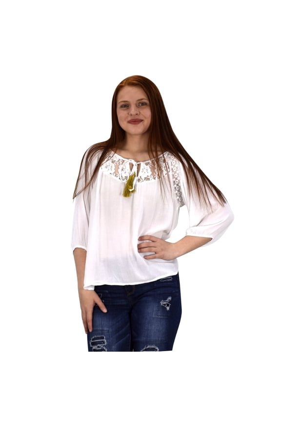 Lace Pattern Tie Neck 3/4th Sleeve Crochet Gypsy Blouse Top