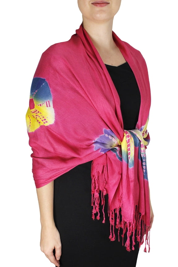 Soft and Silky Vibrant Colored Tie Dye Pashmina Shawls in Multiple Colors and Designs (Fuchsia Rainbow)