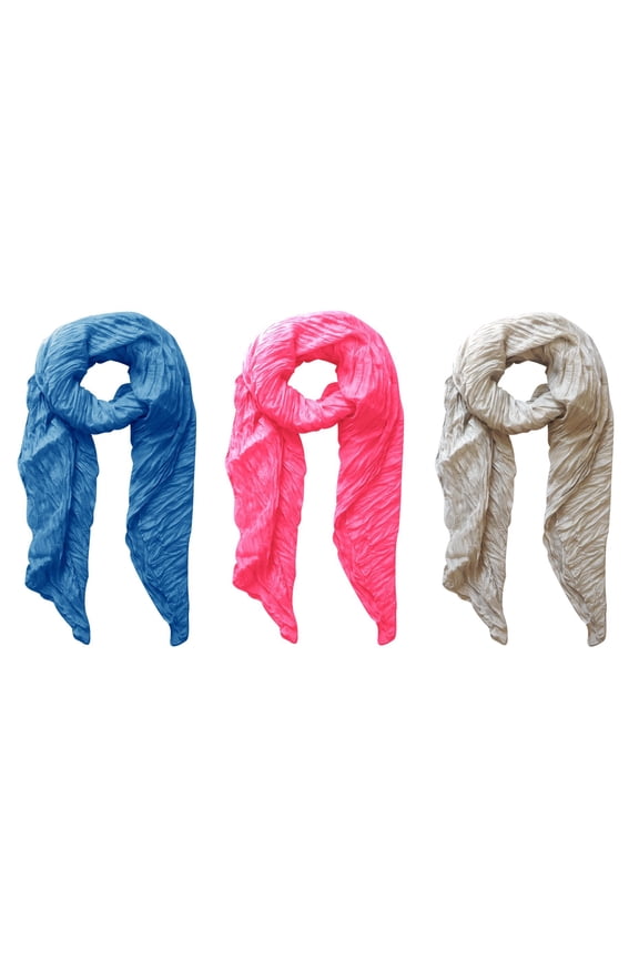 Solid Colorful Soft Crinkled Lightweight Versatile Wrap Scarf - Fushia, Blue, Silver