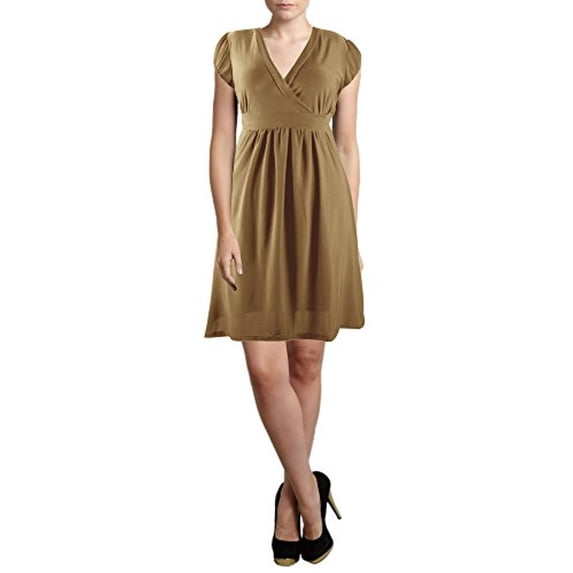 Peach Couture Solid Retro Skater Babydoll V Neck Cap Sleeve Short Mini Dress Tan M