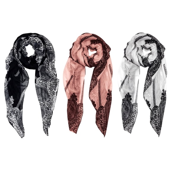Peach Couture Summer Fashion Vintage Damask Pattern long Scarf Shawl Sarong - Black/Pink/White Princess