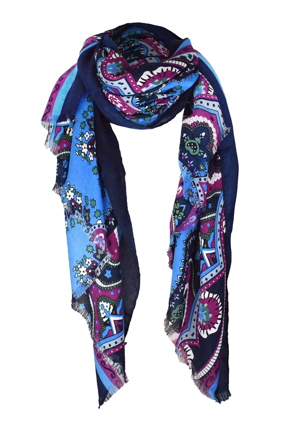 Summer Fashion Vintage Damask Pattern long Scarf Shawl Sarong - Light Blue/Magenta/Navy