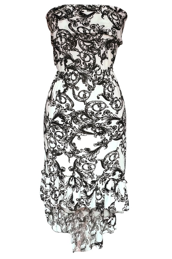 Trendy Paisley Ruffled Strapless Fitted Waist Blouson Hi Lo Dress (Medium, Cream)