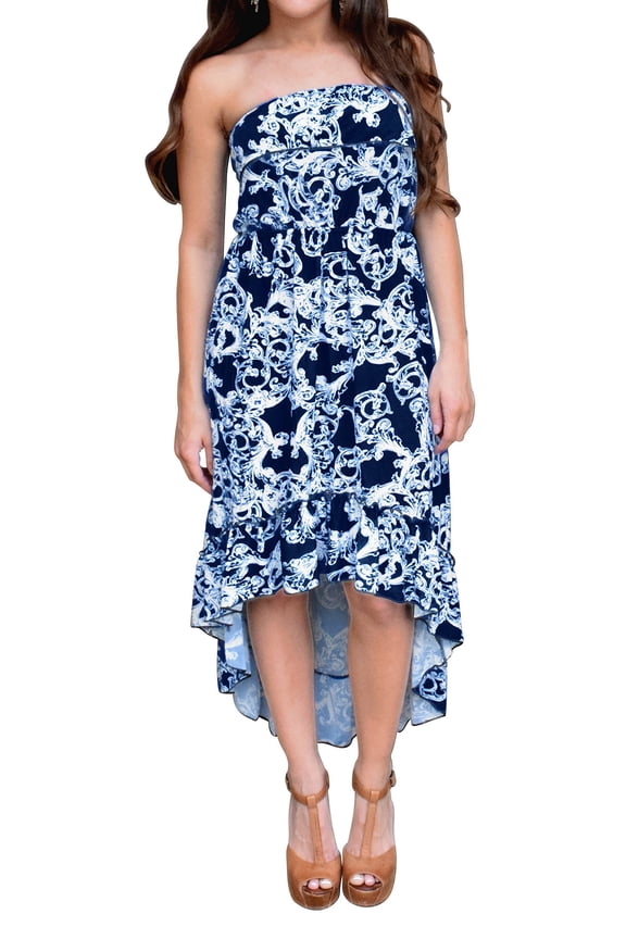 Trendy Paisley Ruffled Strapless Fitted Waist Blouson Hi Lo Dress (XXL, Navy)