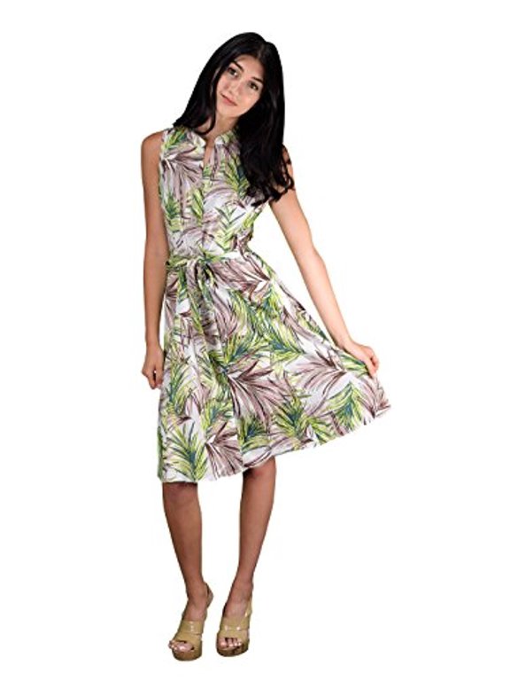 Women's Button up Work Dress Shift Dress Fabric Belt 100% Cotton 100% Cotton Green and Brown Small