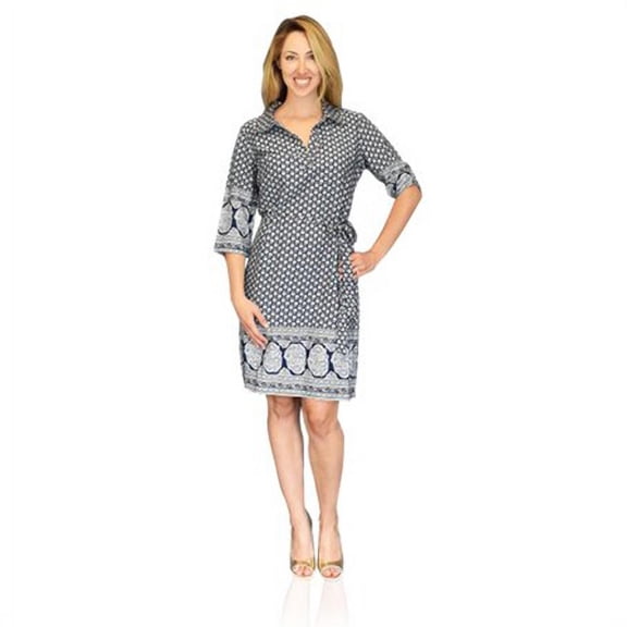 Peach Couture Womens Floral Pattern Summer Collared Shift Dress (Navy, Large)