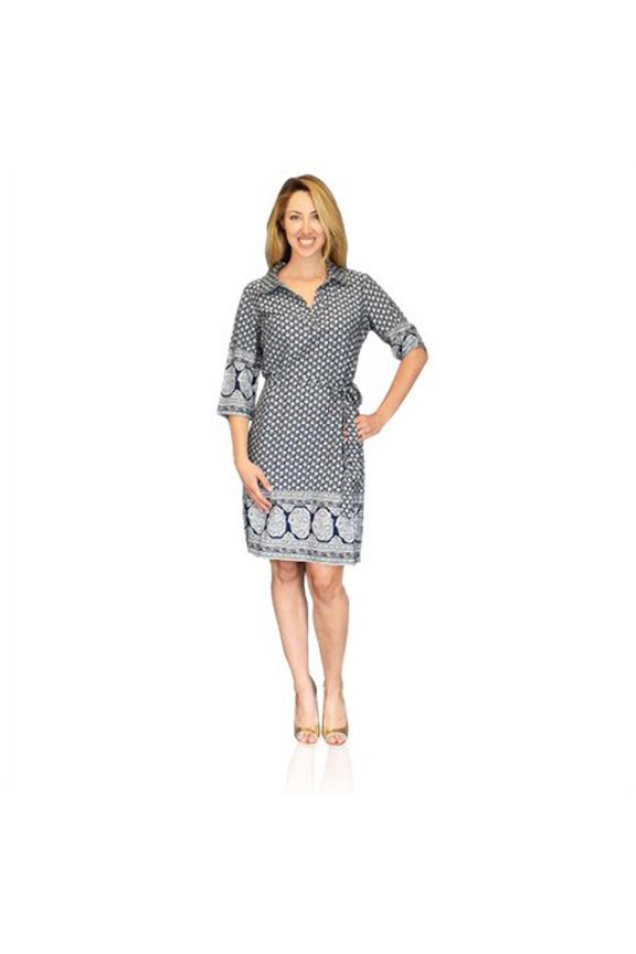 Womens Floral Pattern Summer Collared Shift Dress (Navy, Large)