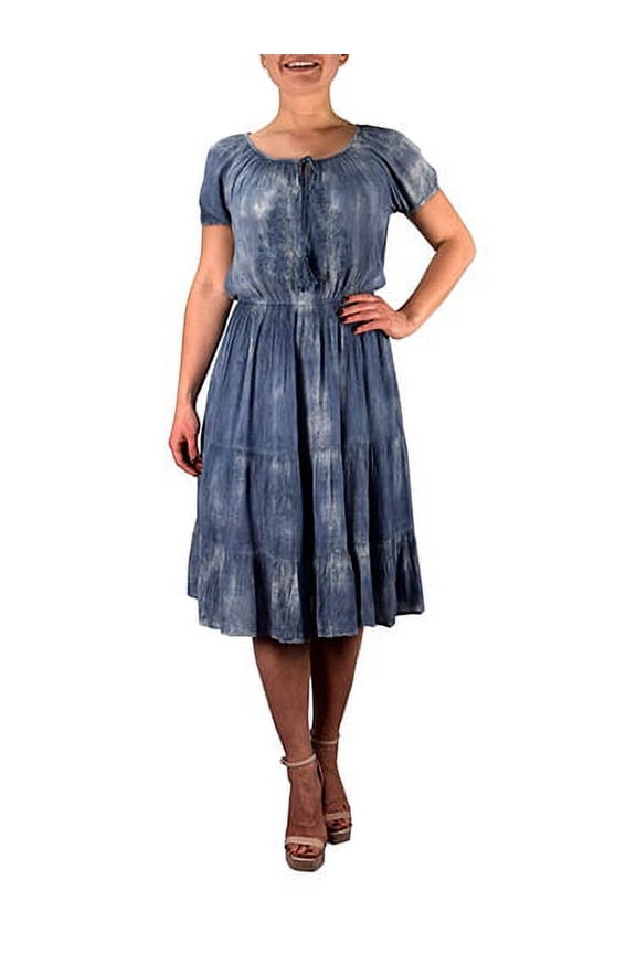 Womens Tie Neck Boho Denim Washed A line Midi Dress (Denim Blue, M)