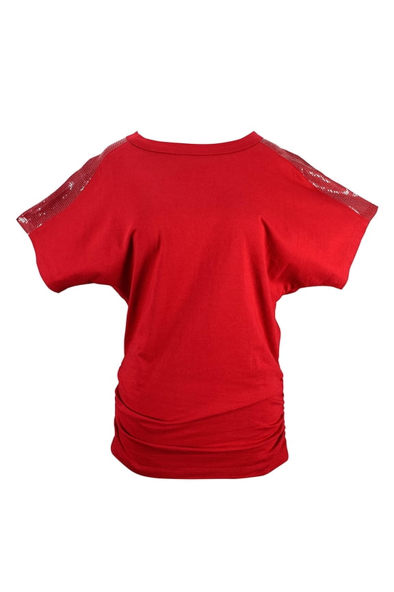 Womens Boat Neck Dolman Sleeve Side Shirring Sequin Shoulder Tops Burgundy Large