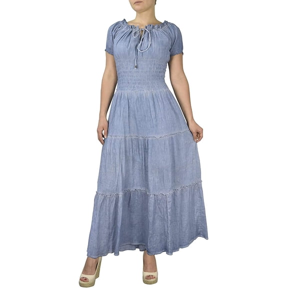 Peach Couture Womens Boho Gypsy Maxi Dress with Corset (Light Denim, Medium)