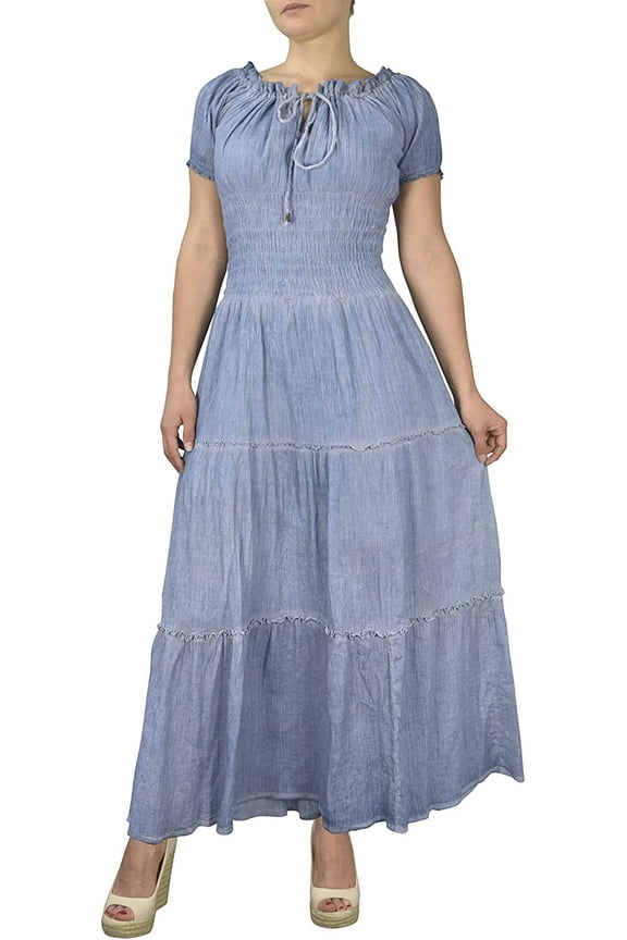 Womens Boho Gypsy Maxi Dress with Corset (Light Denim, Medium)