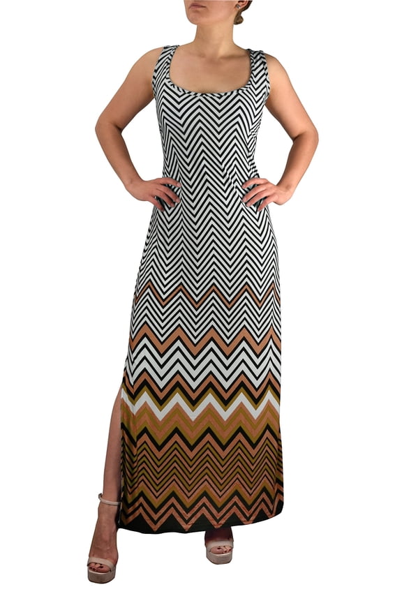 Womens Boho Maxi Striped Chevron Print Scoop Neck Tank Dress (Small, Brown)