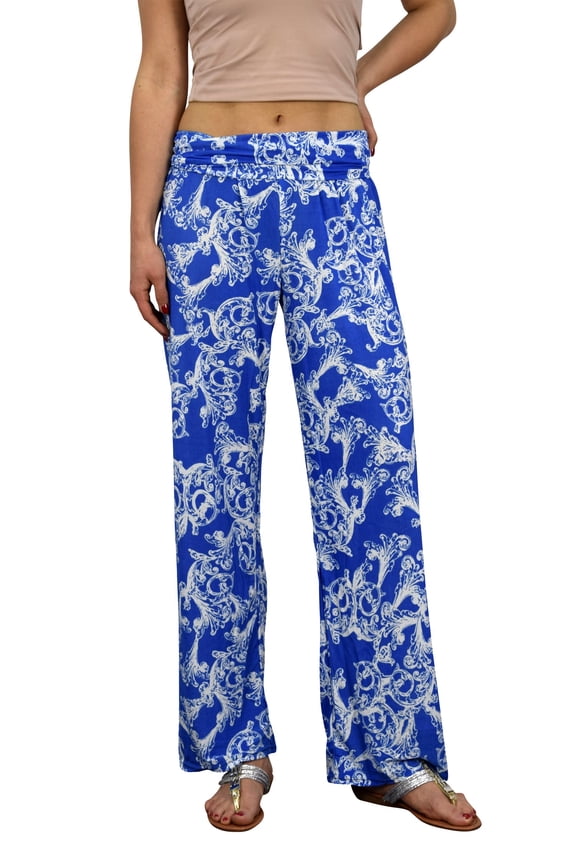 Womens Colorful Pattern Elastic Waist Printed Palazzo Pants Floral Blue Large