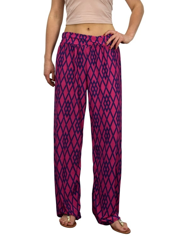 Womens Colorful Pattern Elastic Waist Printed Palazzo Pants Geometric Hot Pink Medium