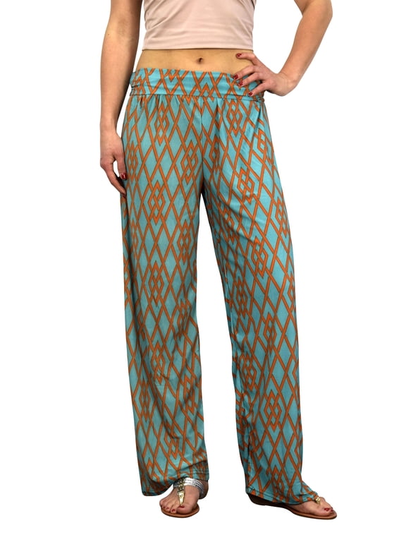 Womens Colorful Pattern Elastic Waist Printed Palazzo Pants Geometric Teal Small